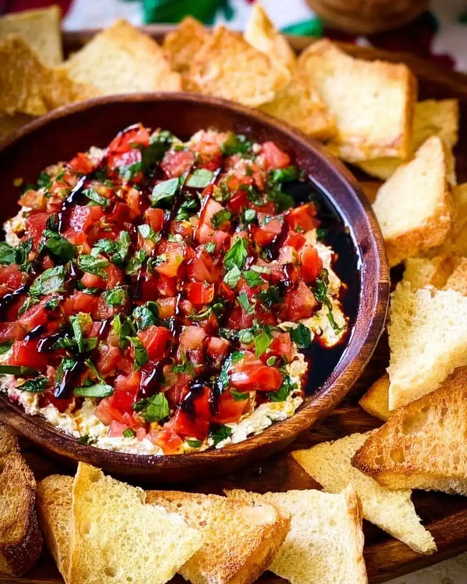 Delicious bruschetta dip served in a bowl with fresh tomatoes and basil on the side