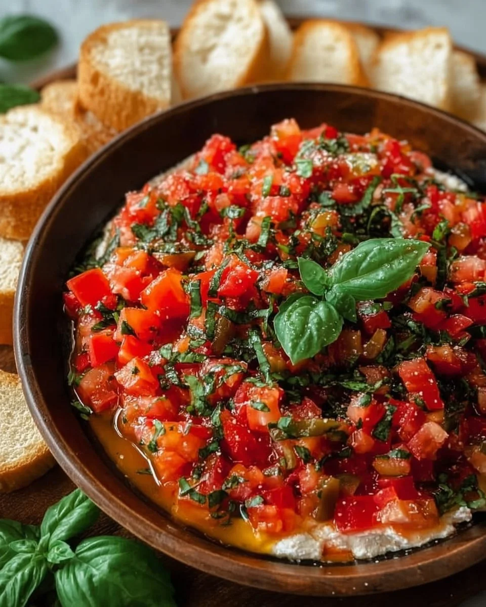 Delicious, colorful bruschetta dip served with crispy bread for dipping.