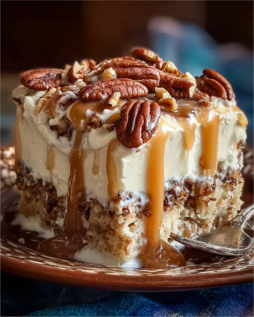 Delicious Butter Pecan Praline Poke Cake topped with caramel and pecans