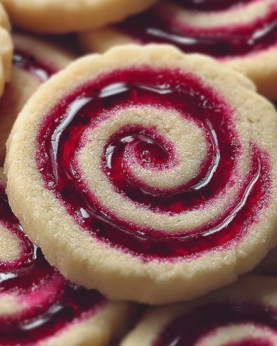 Buttery raspberry swirl shortbread cookies with a vibrant raspberry design