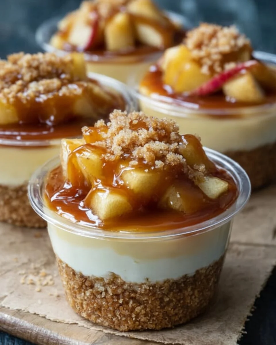 Caramel apple dessert cups with fresh apple slices and drizzled caramel
