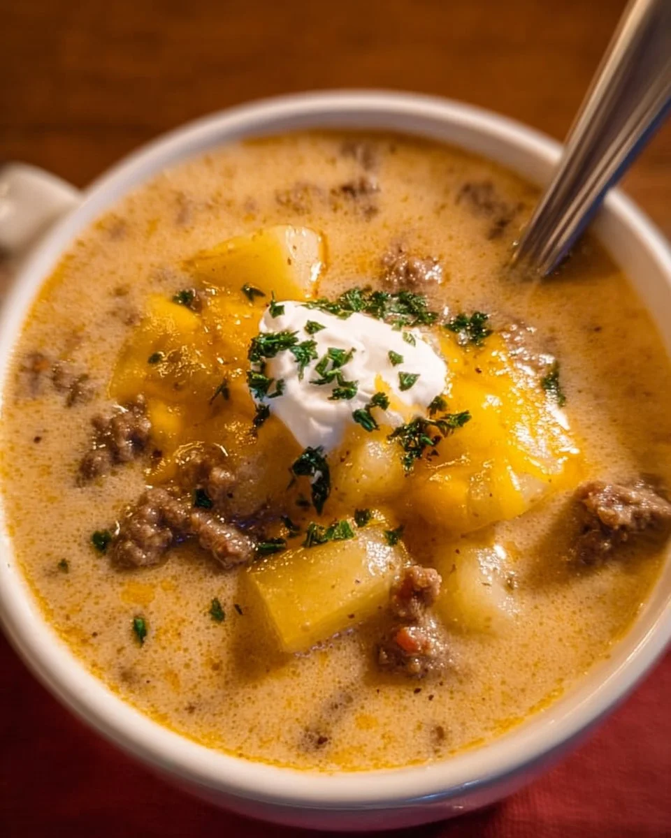 Cheesy beef and potato soup in a bowl garnished with herbs