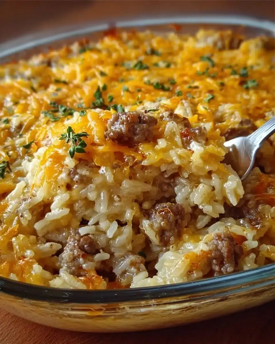 Delicious cheesy hamburger rice casserole in a baking dish
