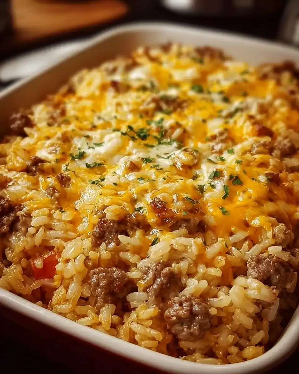 Cheesy Hamburger Rice Casserole served in a bowl with melted cheese on top.