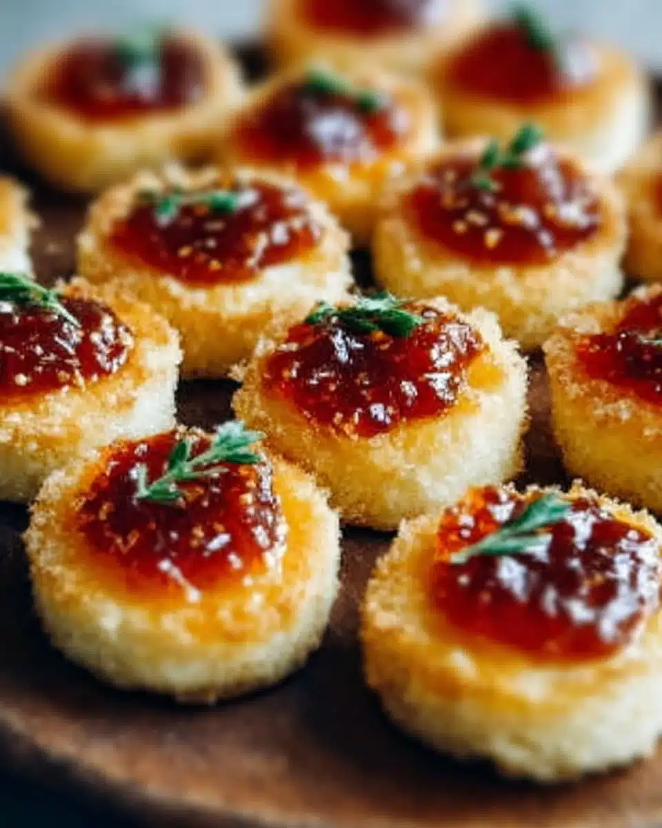 Cheesy thumbprint appetizers served with hot pepper jelly on a platter