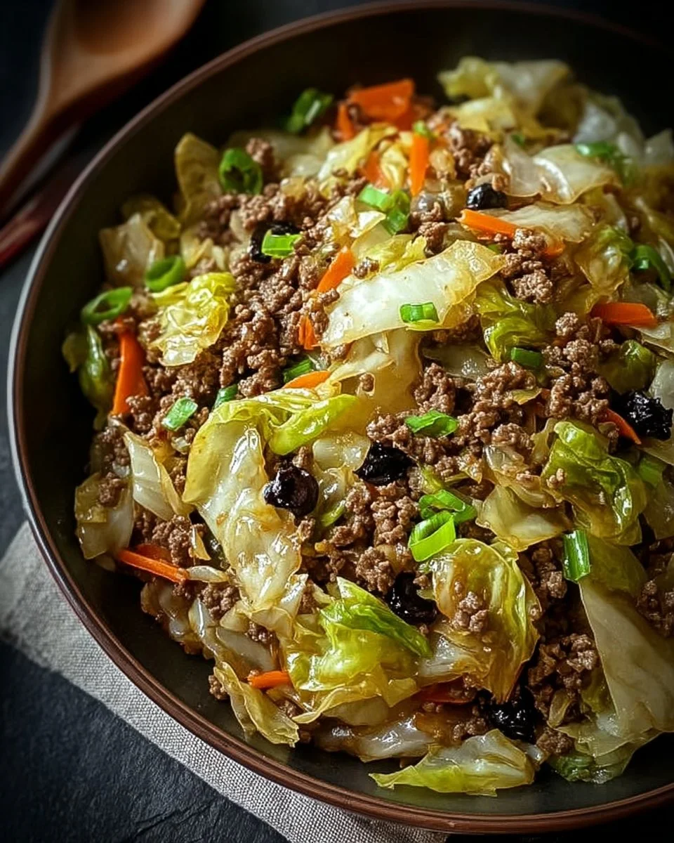 Chinese ground beef and cabbage stir-fry dish ready to serve