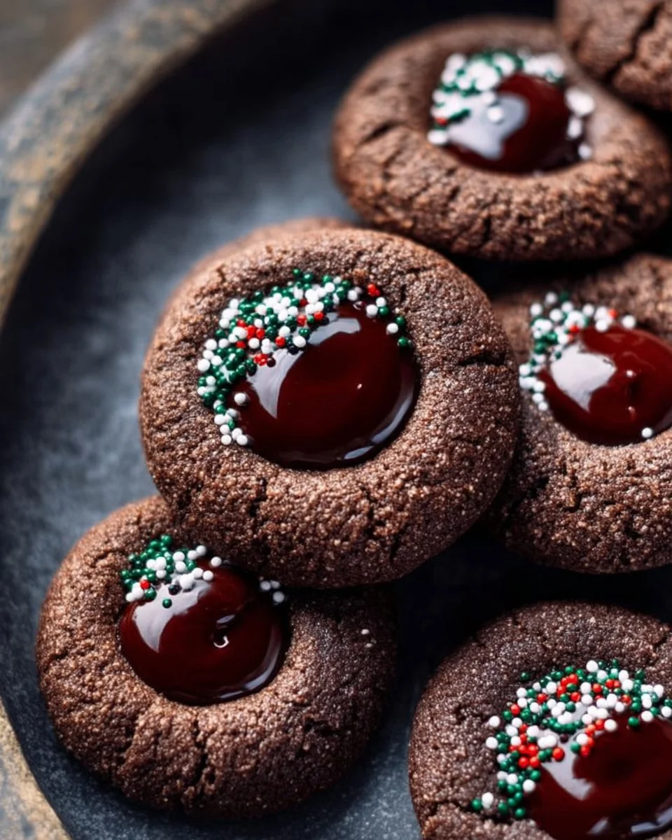 Delicious Chocolate Thumbprint Cookies filled with chocolate and sprinkled with sugar