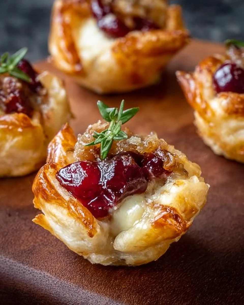 Baked Cranberry Brie Bites topped with fresh cranberries and herbs
