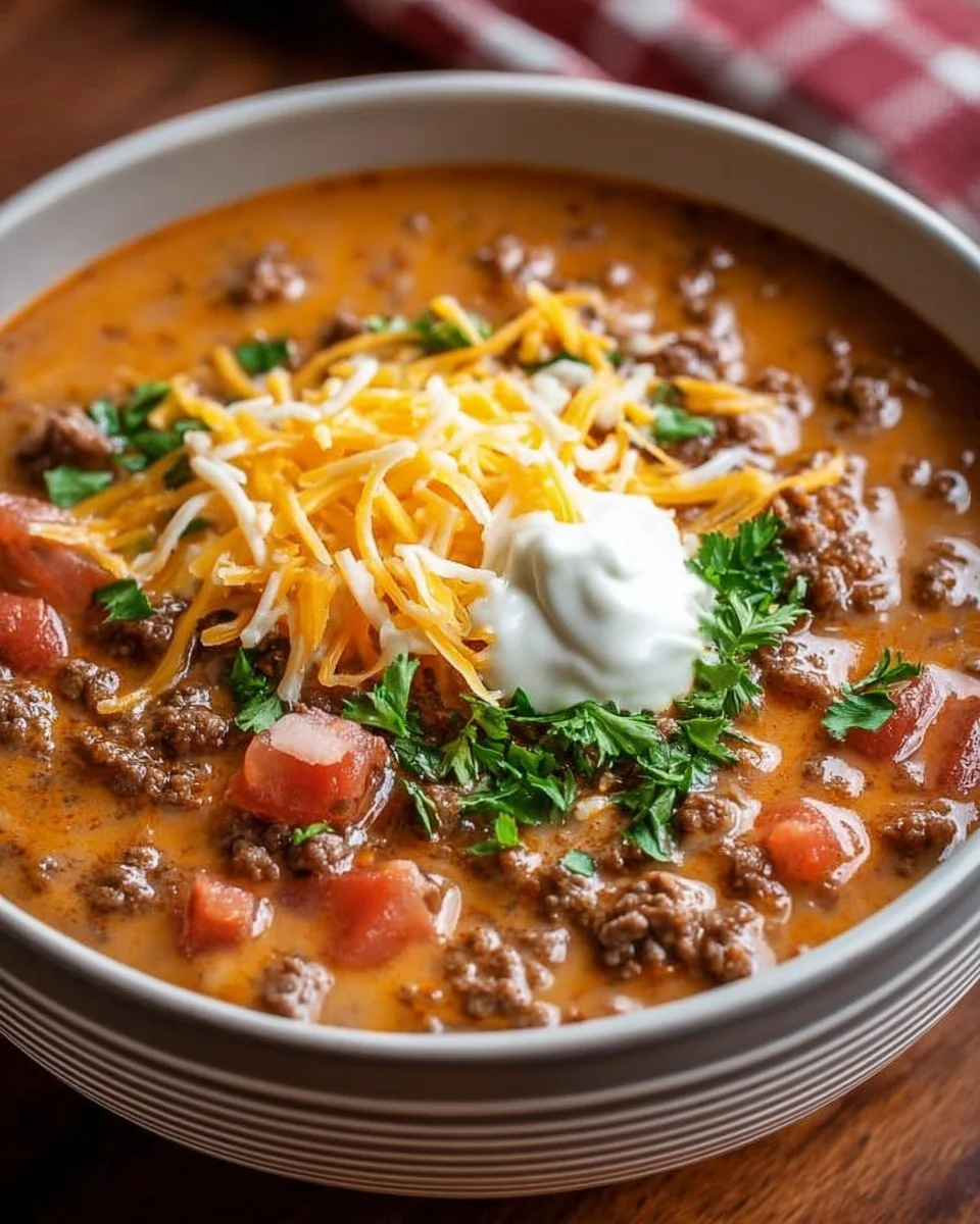 Delicious creamy cheesy ground beef taco soup in a bowl