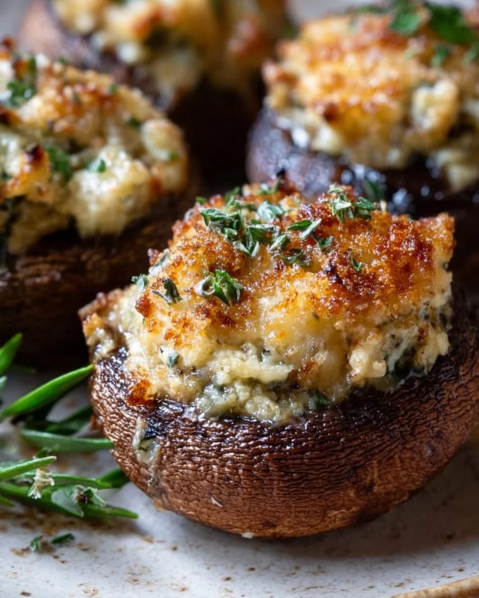 Roasted mushrooms filled with creamy garlic and herb cheese