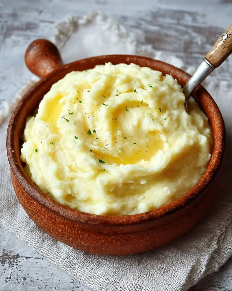 Bowl of creamy mashed potatoes garnished with herbs and butter