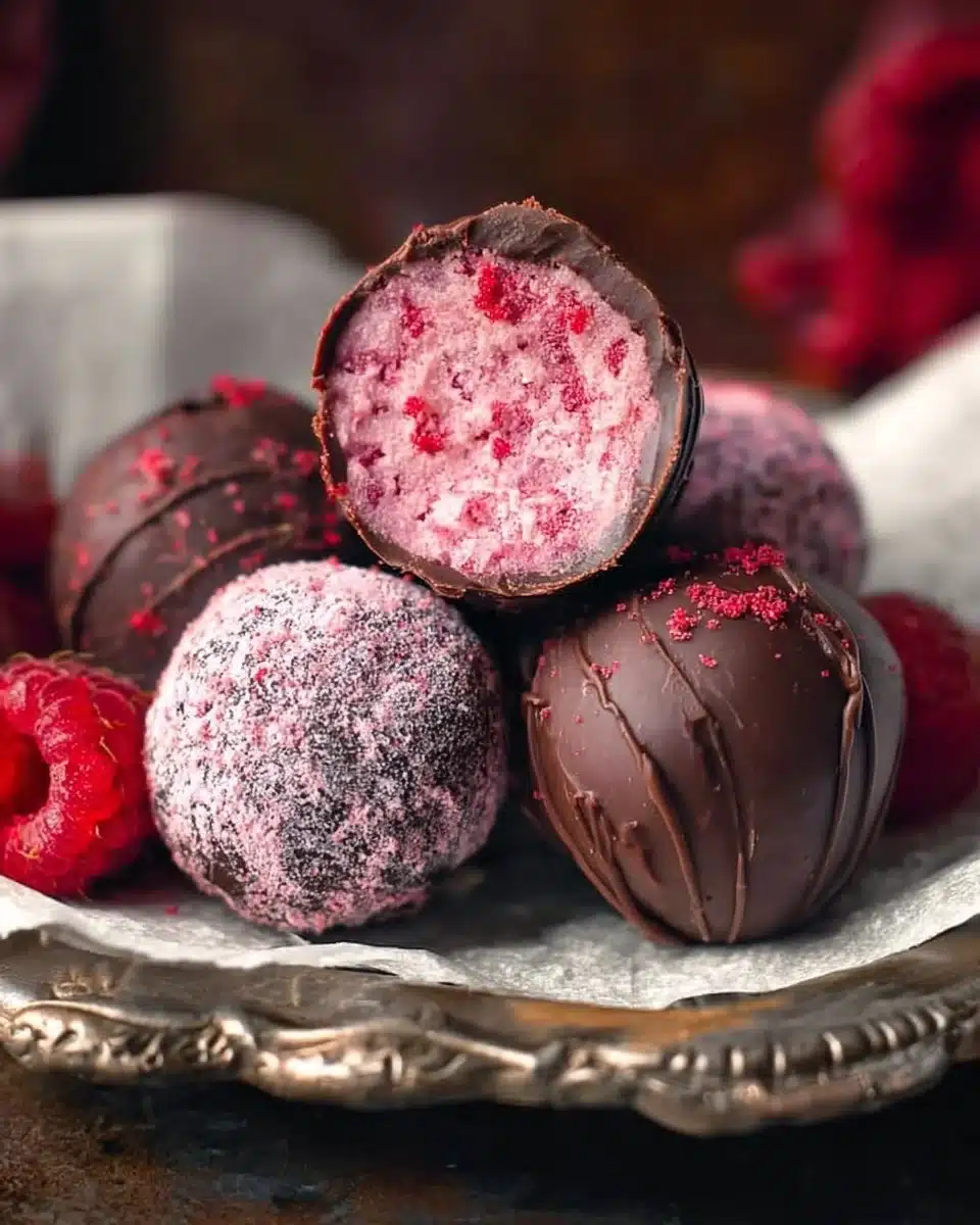 Delicious creamy raspberry truffles on a white plate.