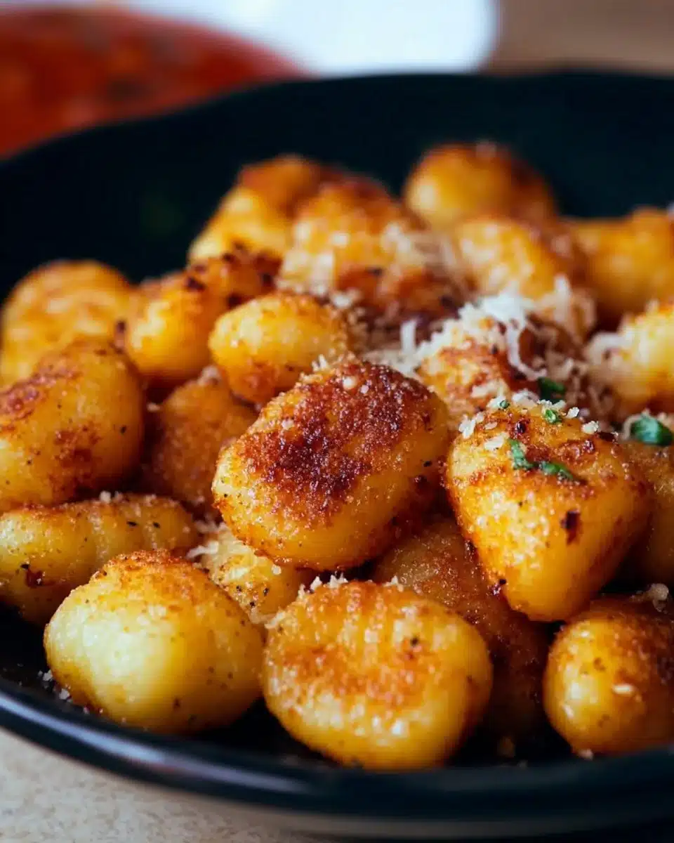 Golden, crispy air fryer gnocchi served in a bowl with fresh herbs