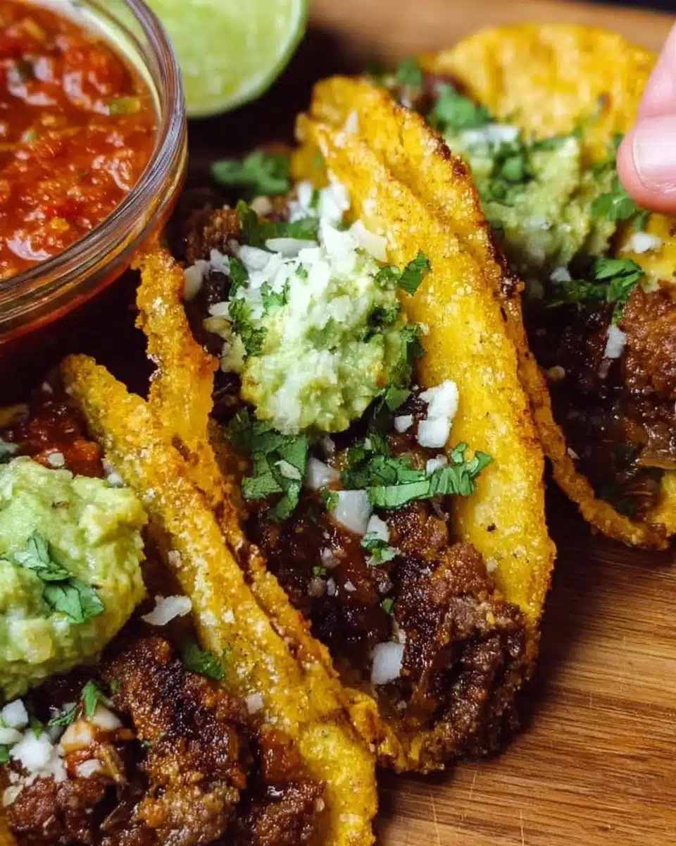 Plate of crispy beef tacos topped with fresh ingredients and salsa.