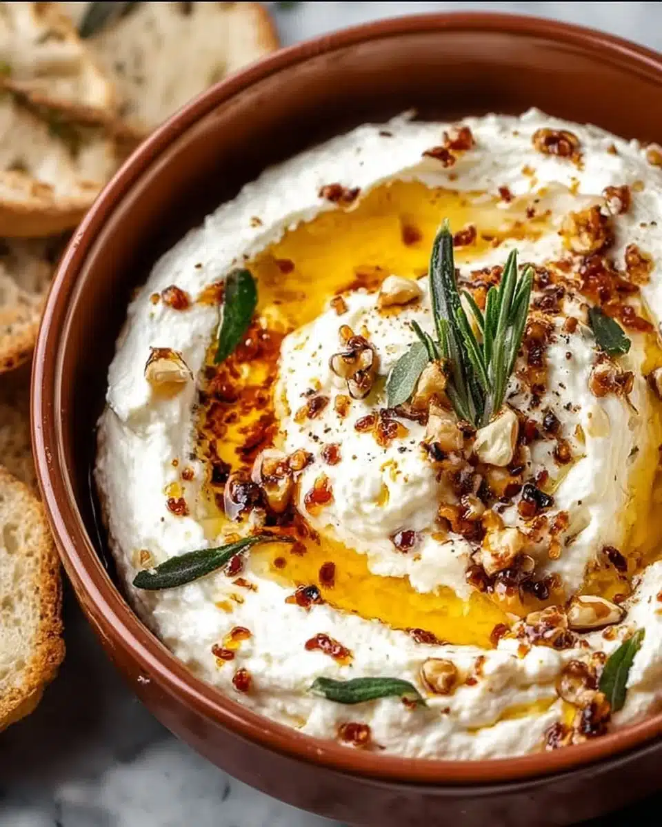 Delicious ricotta dip topped with hot honey for a flavorful appetizer