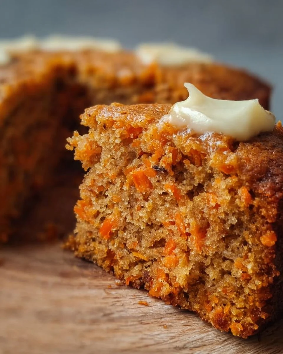 Slice of flourless oatmeal carrot cake topped with cream cheese frosting