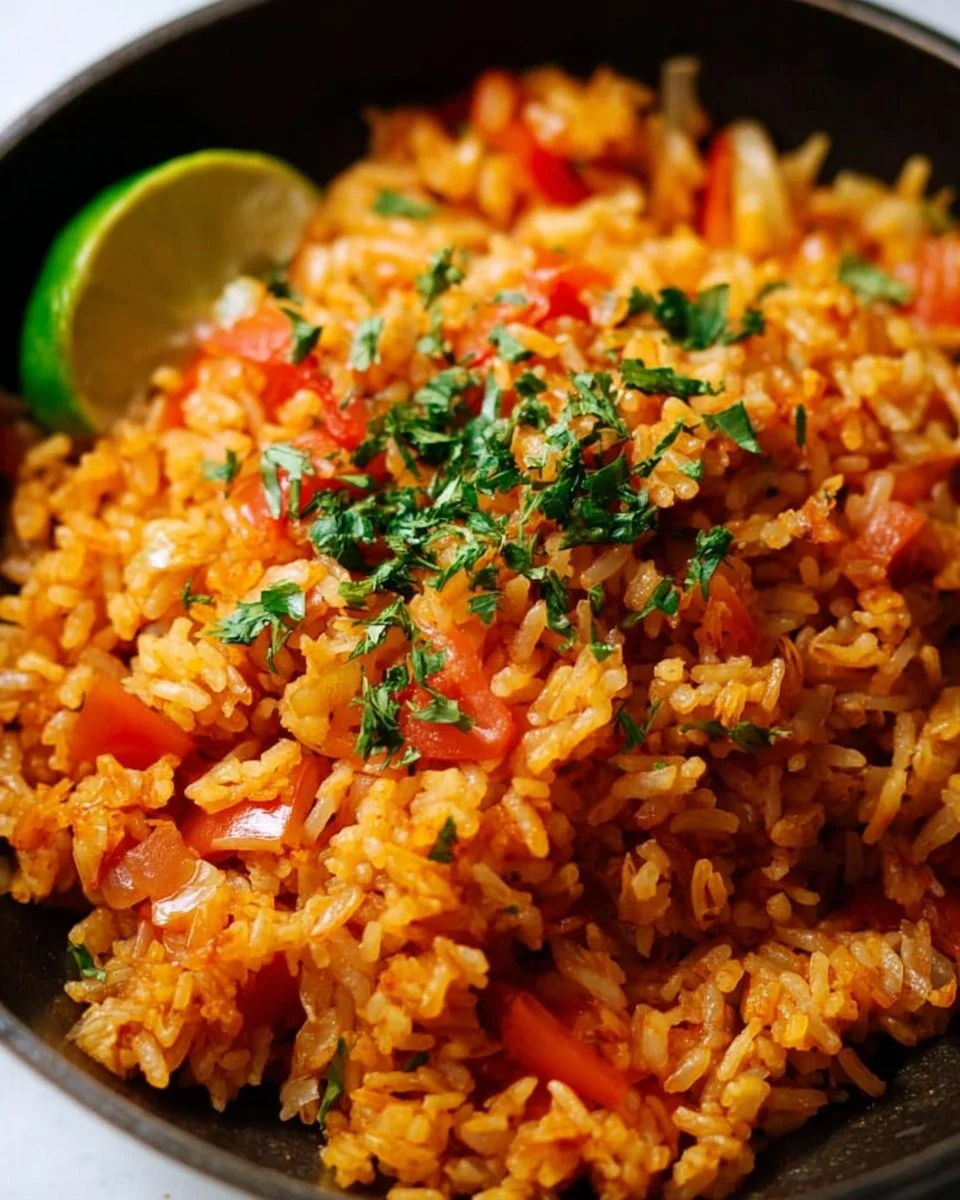 Bowl of easy Mexican rice garnished with herbs and spices