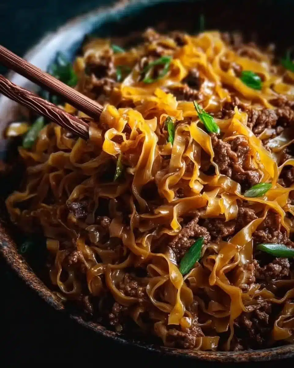 Bowl of Mongolian Ground Beef Noodles with colorful vegetables