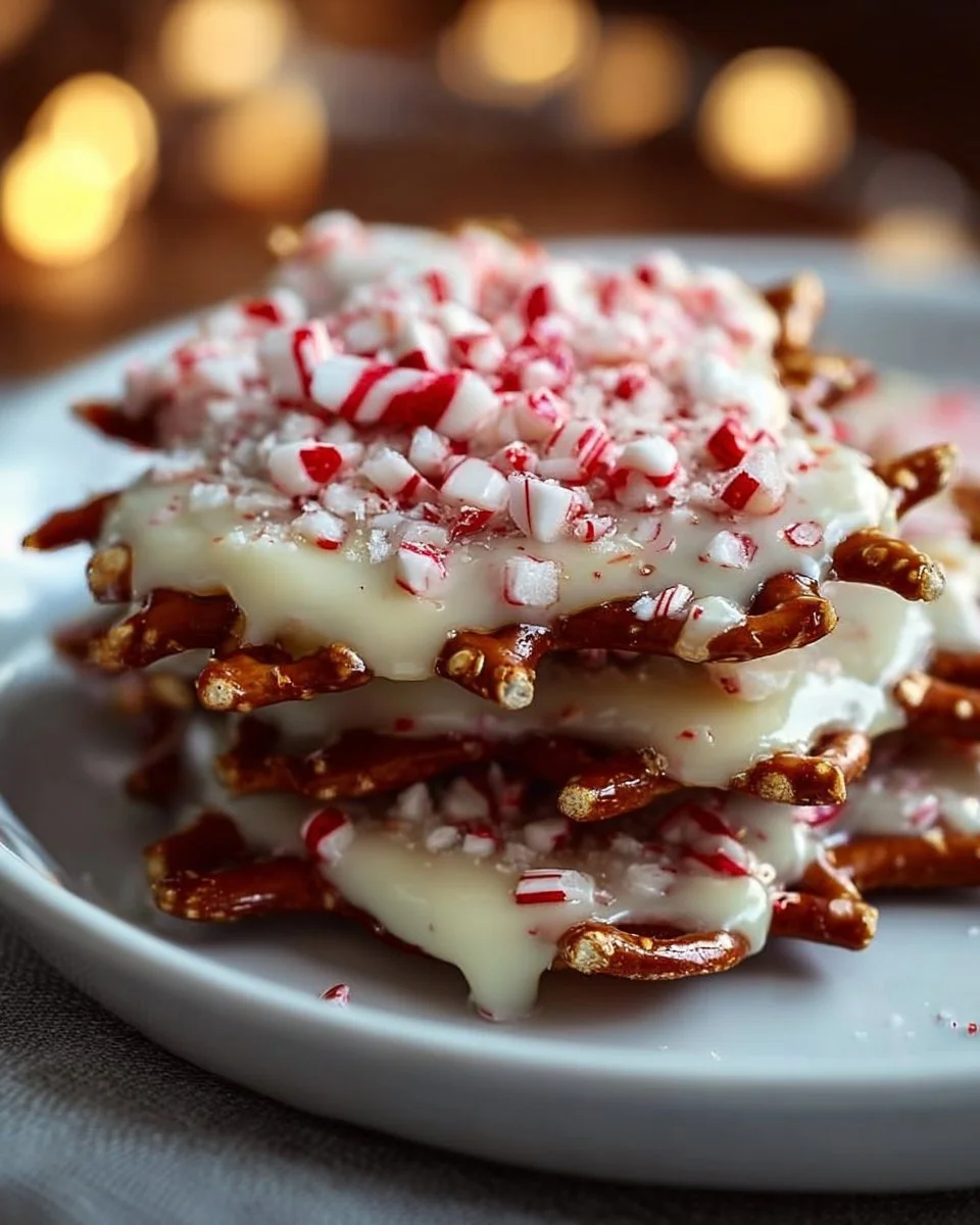 Delicious white chocolate peppermint pretzel crisps ready for holiday snacking
