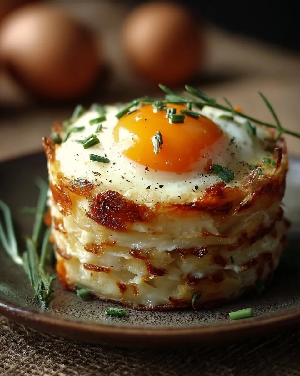 Plated Eggs Napoleon with poached eggs and sauce on a white dish.