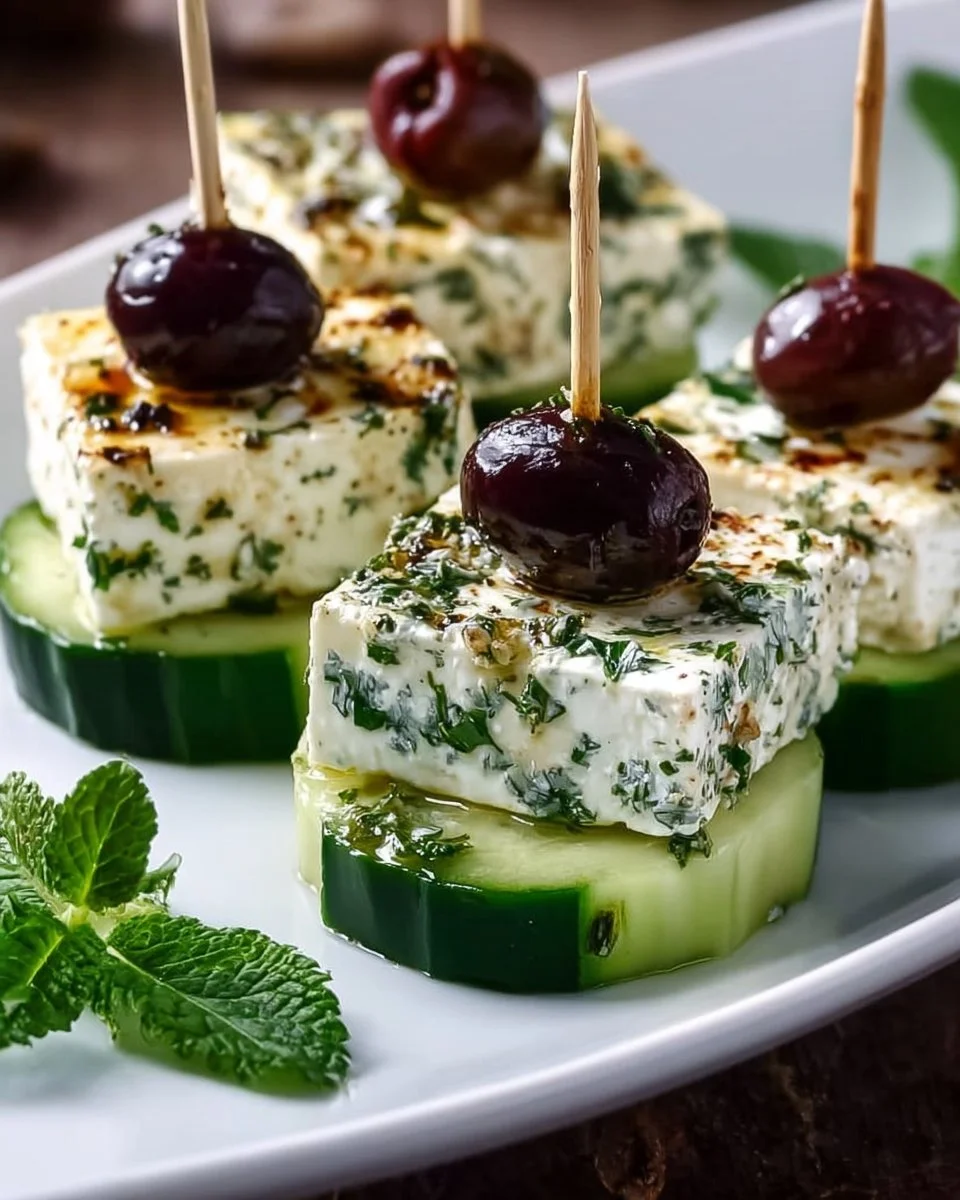 Delicious feta skewers with cucumber on a platter, perfect for appetizers.