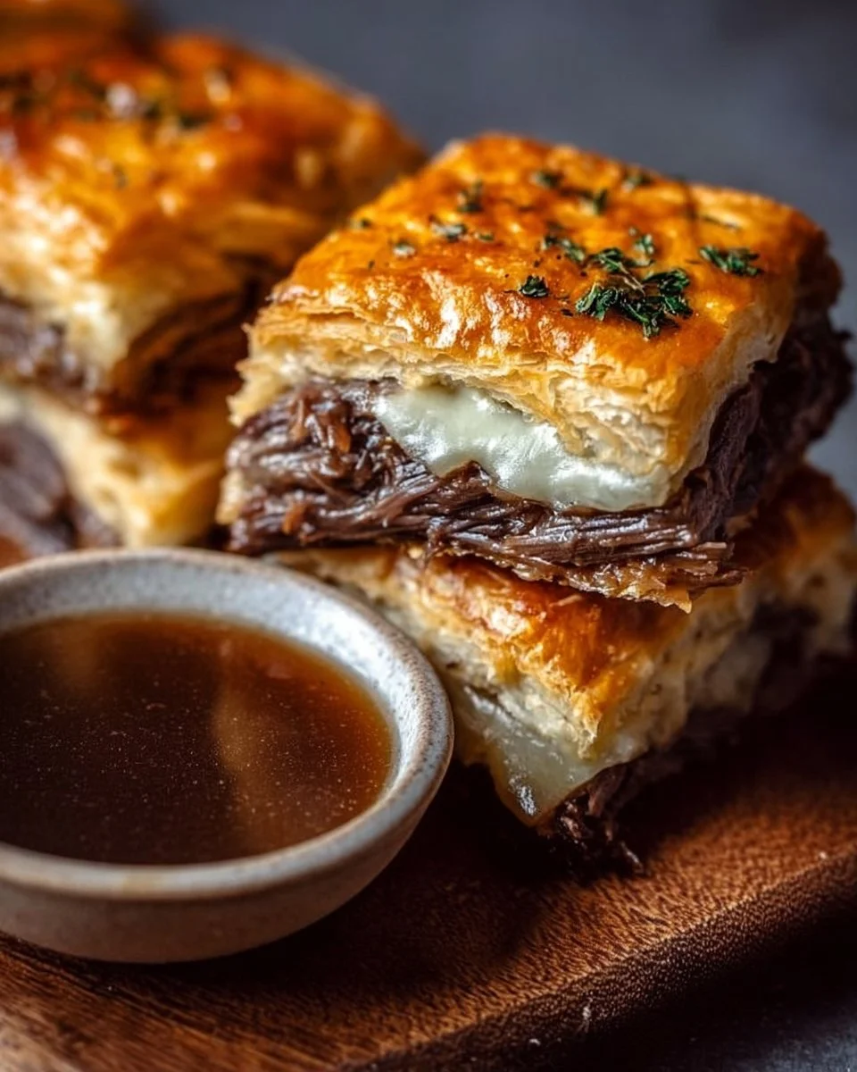 Savory French Dip Squares served on a plate with dipping sauce.