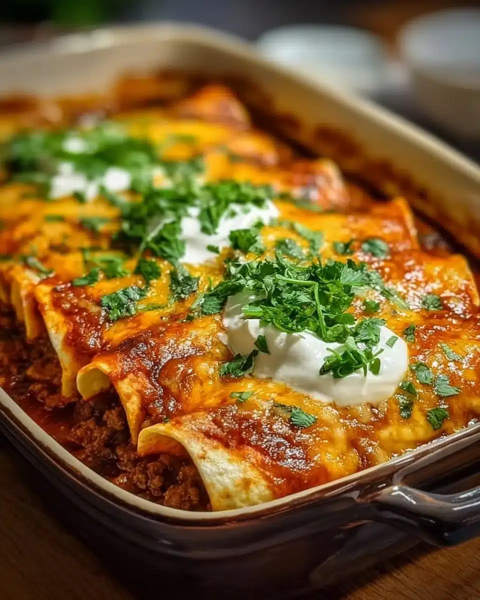 Delicious ground beef enchiladas served with cheese and sauce