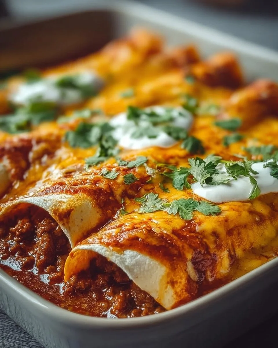 Mouthwatering ground beef enchiladas topped with melted cheese and fresh herbs