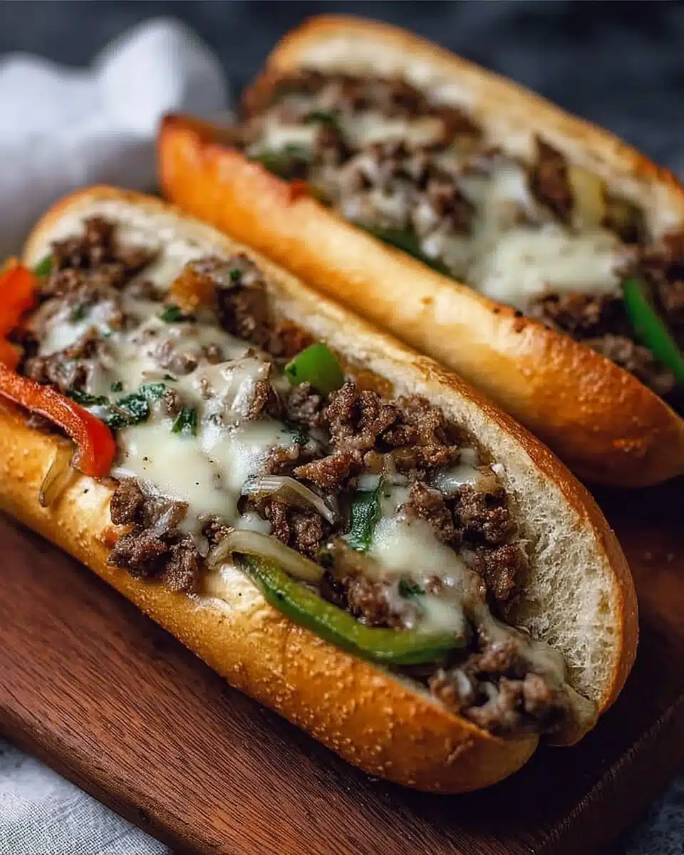 Delicious Ground Beef Philly Cheesesteaks served with peppers and onions
