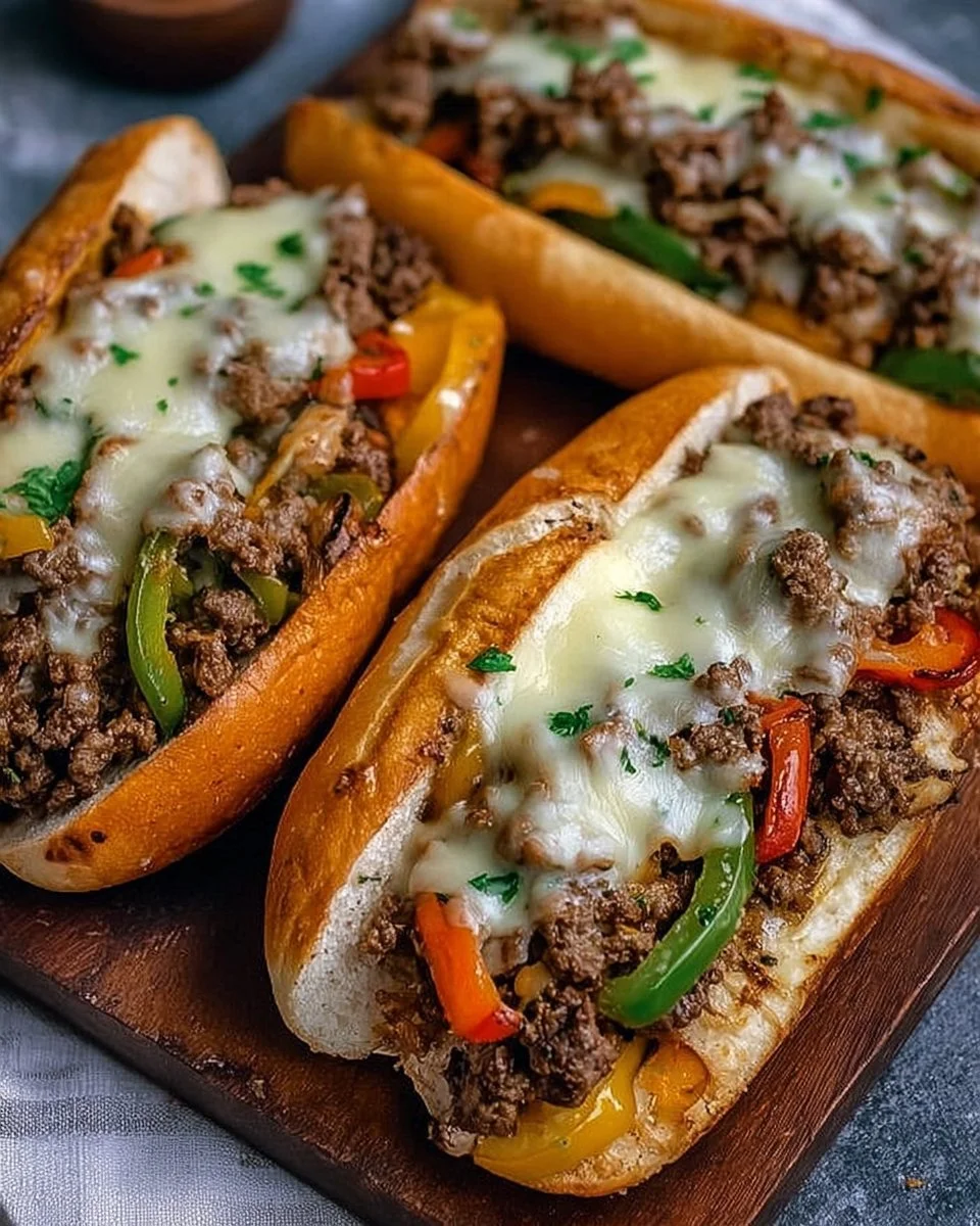 Delicious Ground Beef Philly Cheesesteaks served with toppings