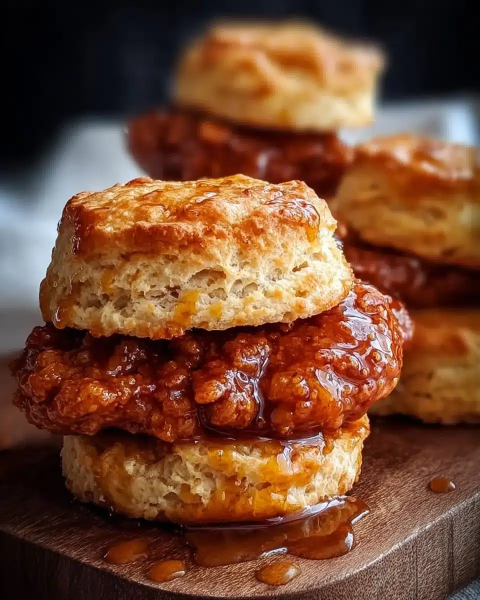 Hot Honey Chicken Biscuits served on a plate with honey drizzle
