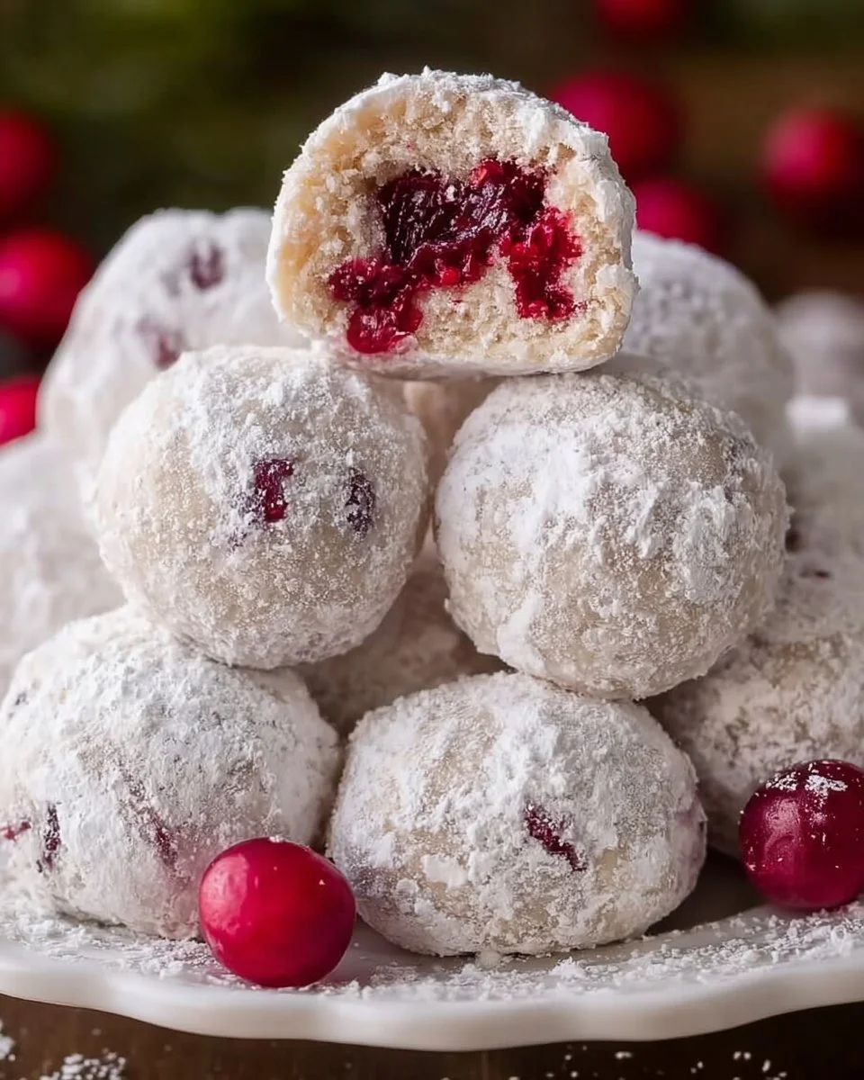 Deliciously soft cherry snowball cookies on a festive plate