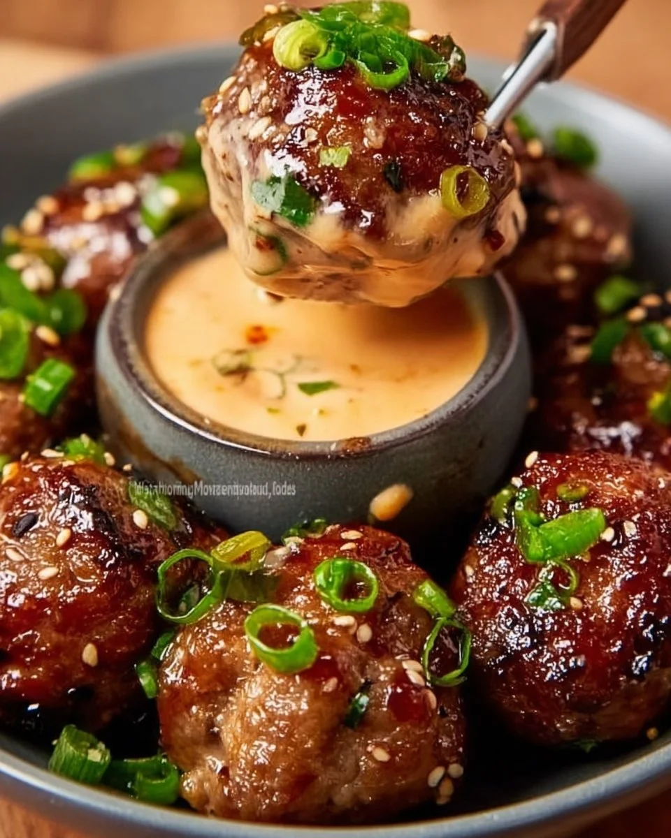 Plate of Korean BBQ meatballs served with spicy mayo dip