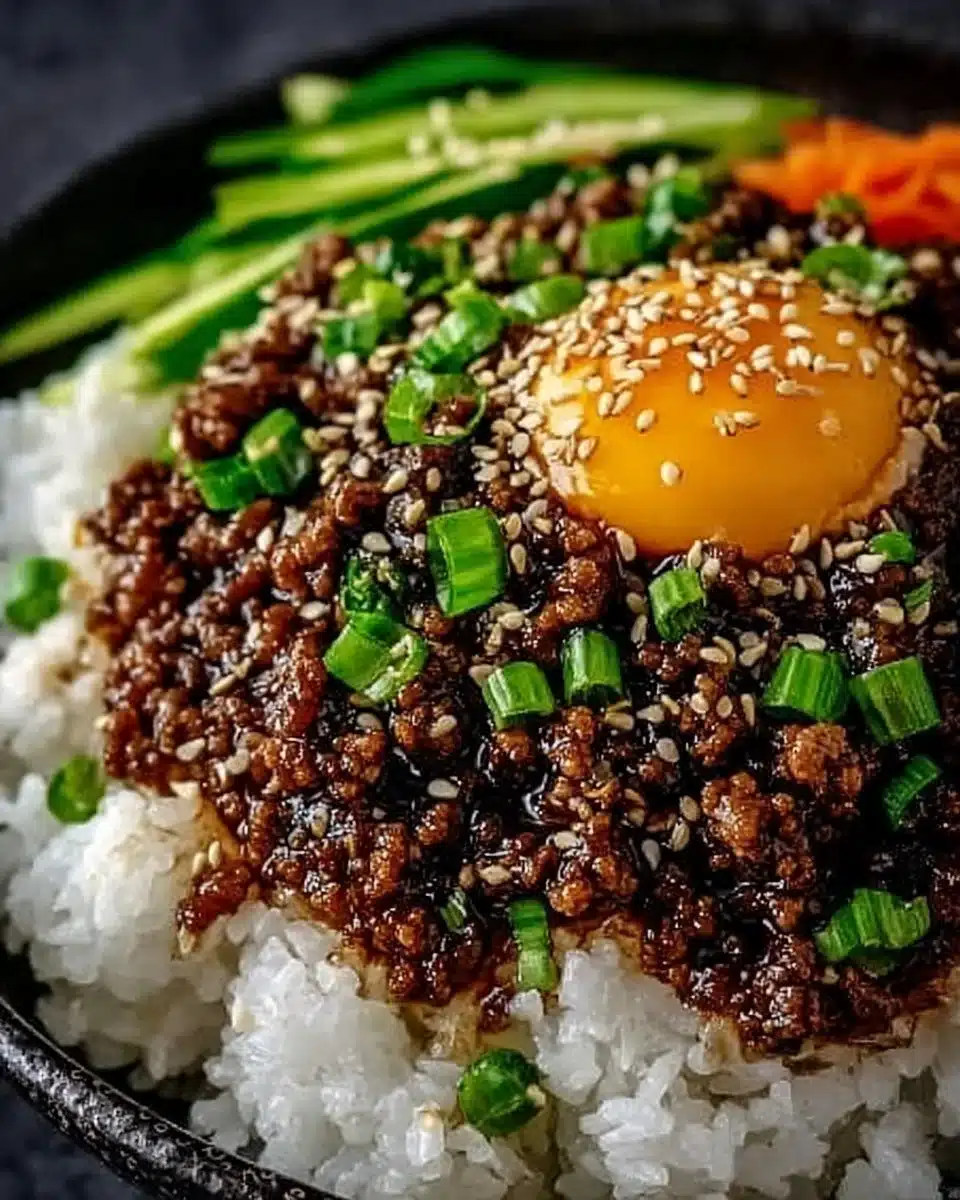 A delicious Korean Ground Beef Bowl topped with vegetables and served in a bowl