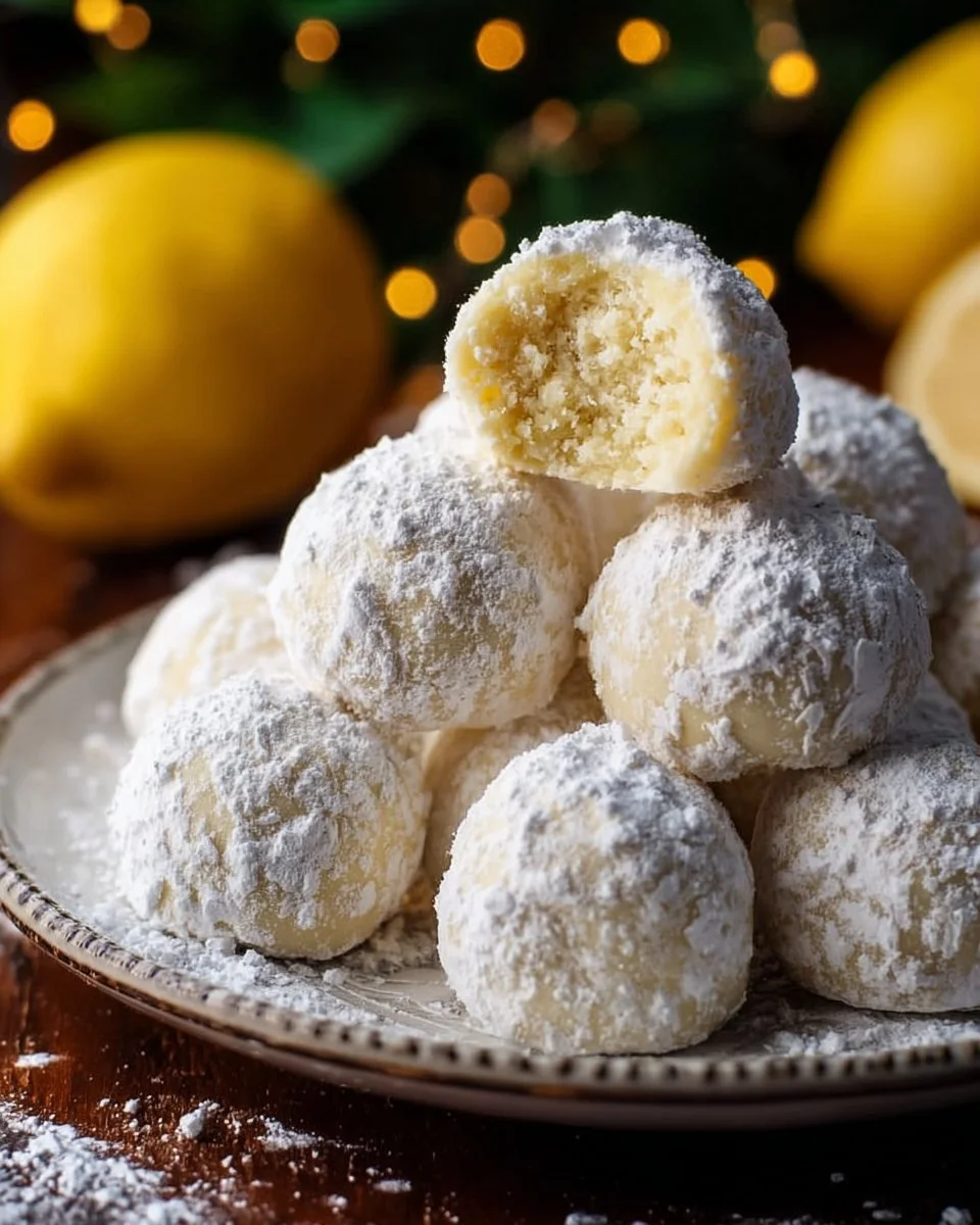 Lemon Cream Snowball Cookies decorated with powdered sugar on a festive plate
