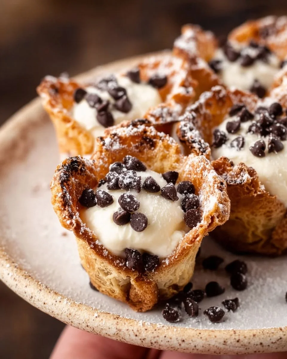 Delicious mini cannoli cups filled with creamy ricotta and topped with chocolate chips