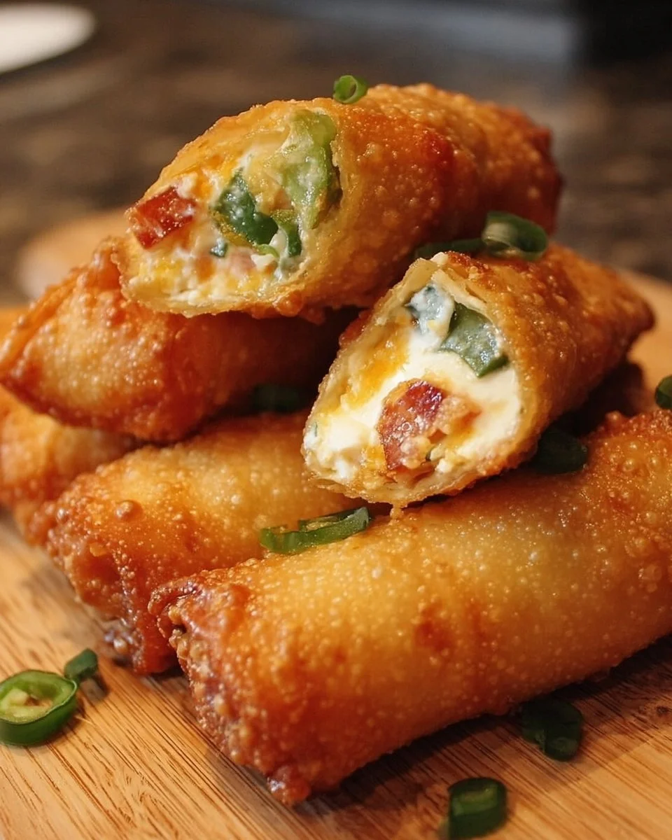 Mini jalapeno popper egg rolls on a platter