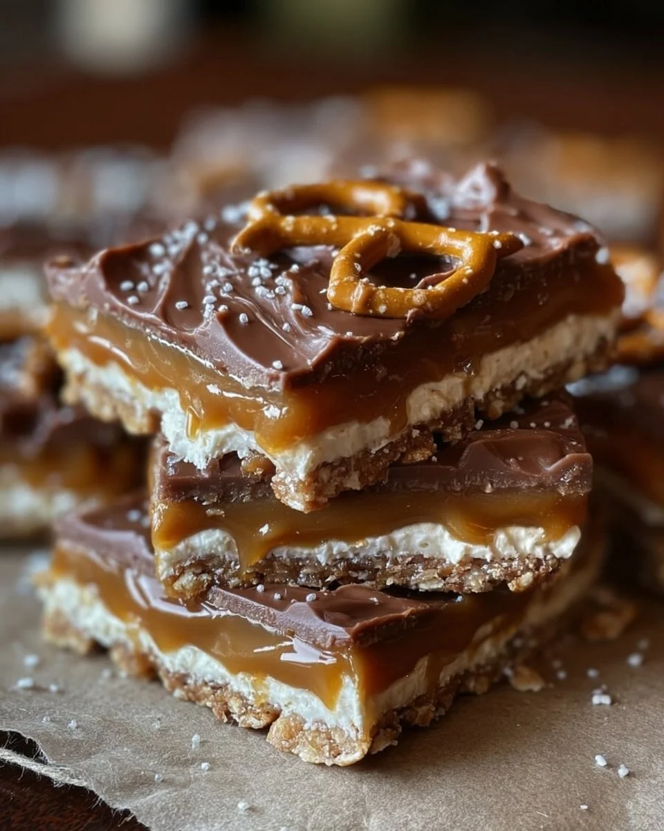 No-bake salted caramel pretzel bars topped with caramel drizzle on a plate