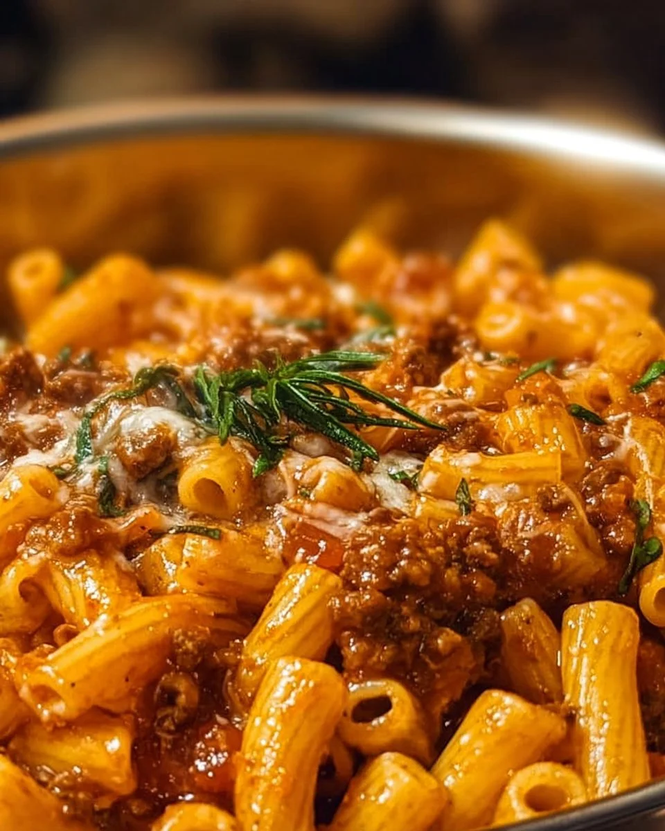 One Pot Beefaroni dish served in a bowl, showcasing pasta and beef.