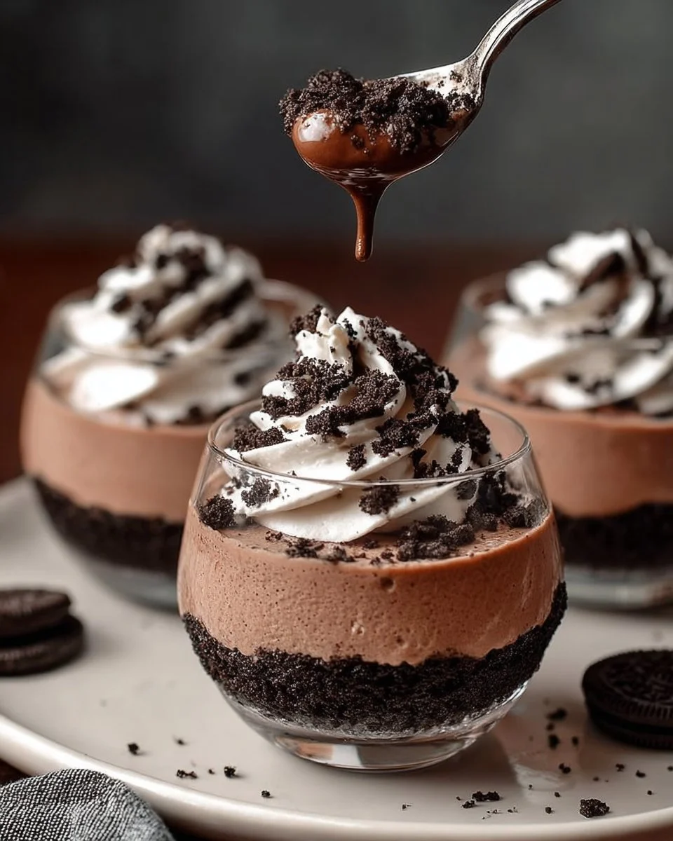 Oreo Chocolate Mousse Cups topped with crushed Oreos and whipped cream