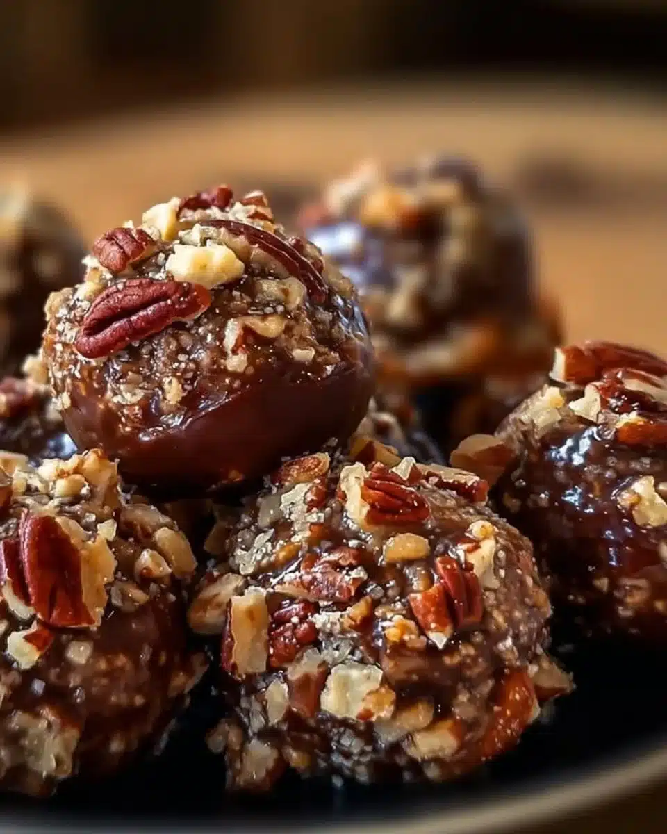 Delicious pecan pie balls rolled in crushed nuts, perfect for dessert.