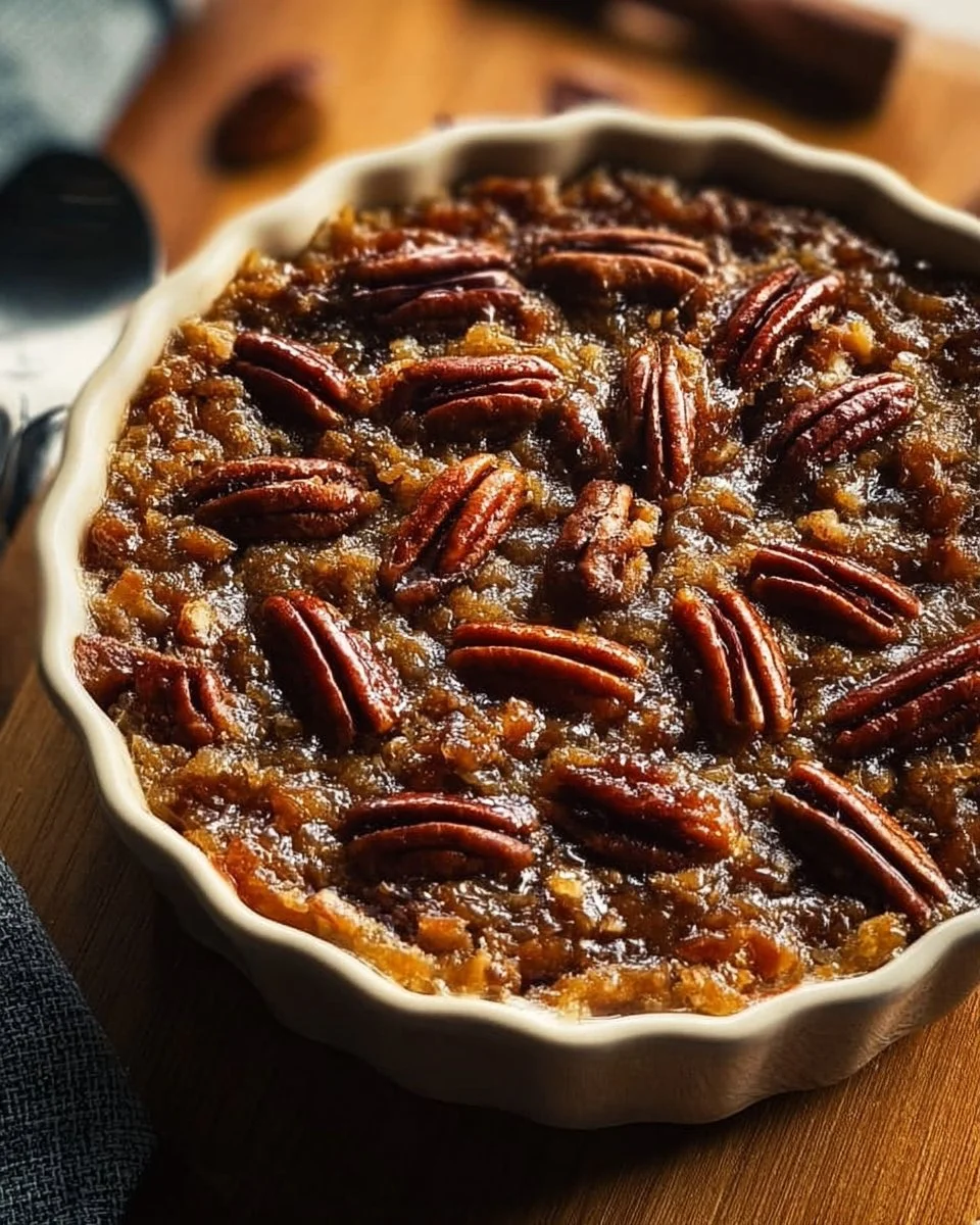 Delicious Pecan Pie Dump Cake topped with pecans and caramel sauce.