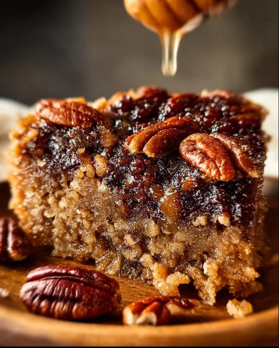 Delicious Pecan Pie Dump Cake topped with pecans and caramel sauce