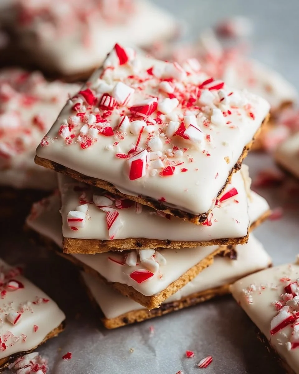 Peppermint crunch graham crackers coated in white chocolate with festive toppings
