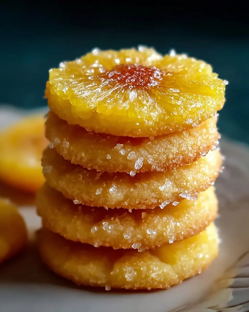 Pineapple Upside Down Cookies stacked on a plate with vibrant colorful toppings.