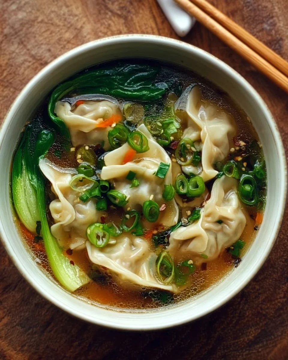 Delicious bowl of Potsticker Soup with dumplings and vibrant vegetables