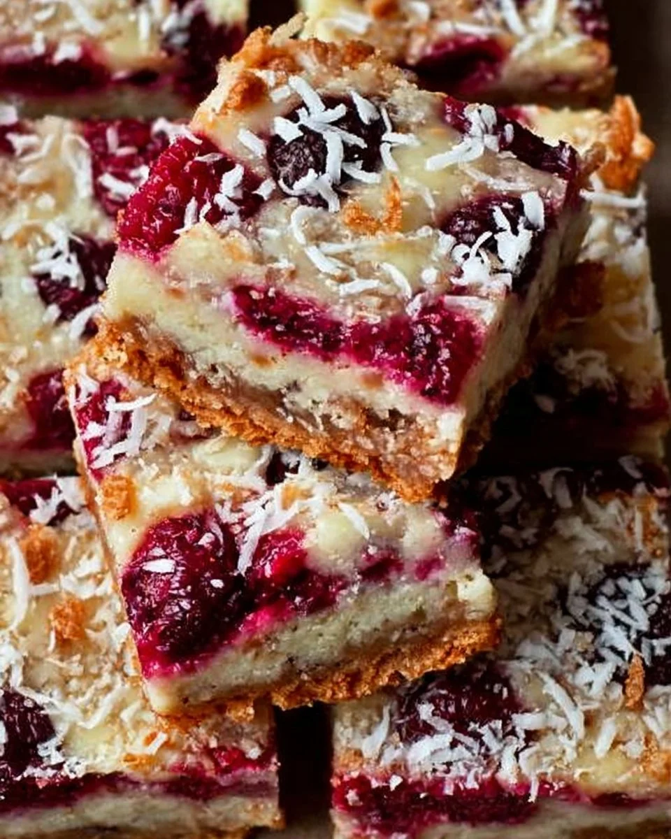 Decadent Raspberry Coconut Magic Bars with coconut flakes and fresh raspberries