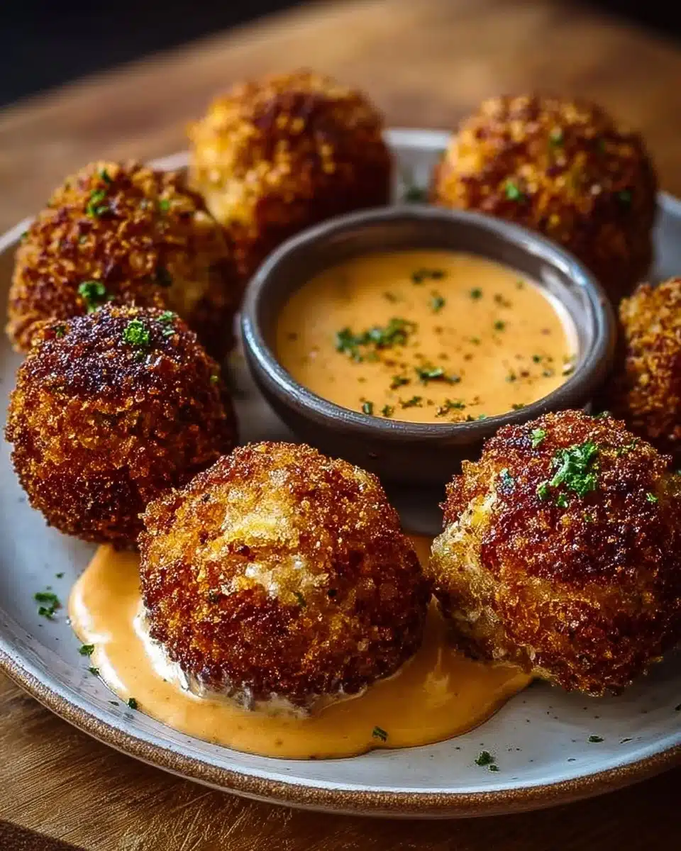 Plate of crispy Reuben balls with spicy Thousand Island dipping sauce