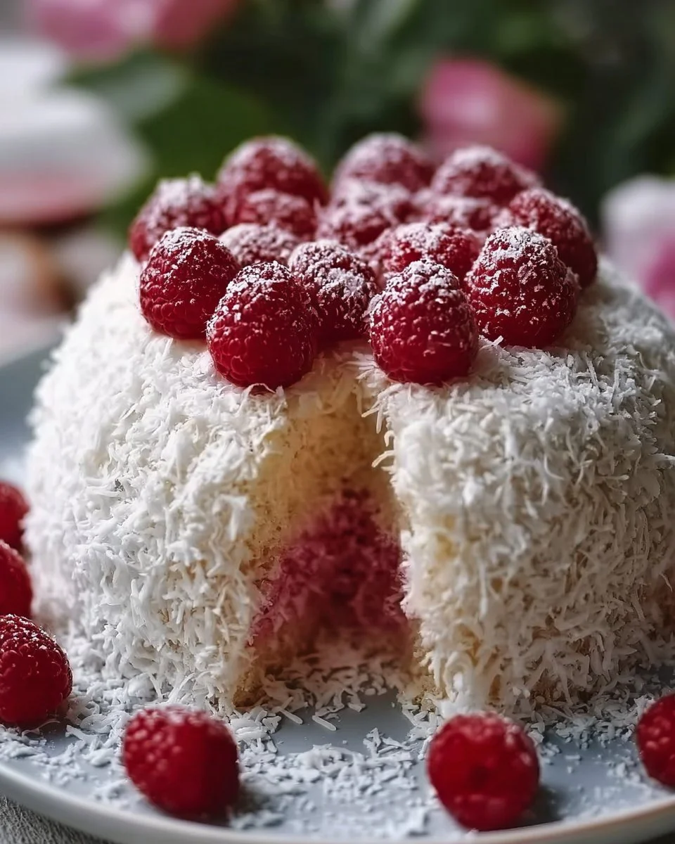 Delicious Snowball Cake with raspberry and coconut topping