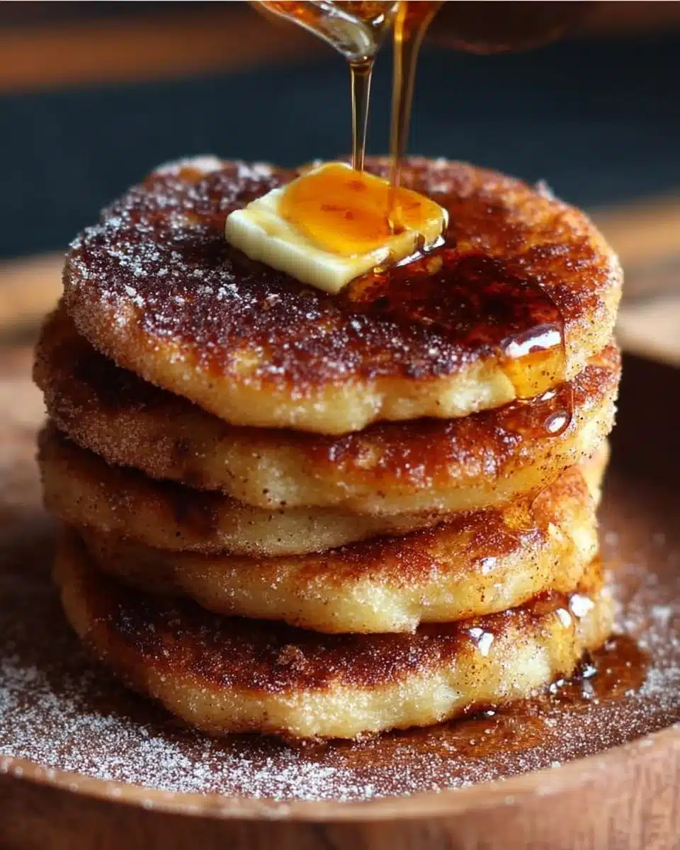 Stack of Spanish churro-inspired pancakes dusted with cinnamon sugar